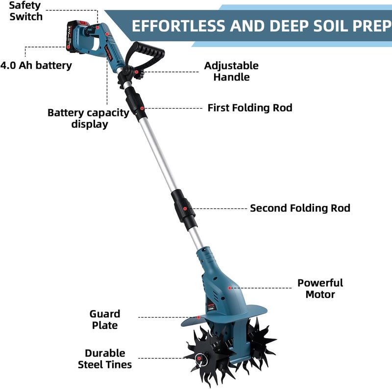 SHINTYOOL 21v Cordless Tiller, 8-Inch Wide 4.0 Ah Battery Powered Garden Cultivator, Cultivator with Steel Tines and Battery Capacity Display, Rototiller for Lawn/Gardening/Soil Cultivation (Blue) by - Image 3